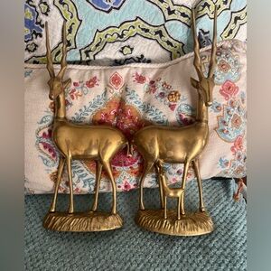 Pair of LARGE solid brass gazelle one is feeding her young 15 tall 6 inch wide
